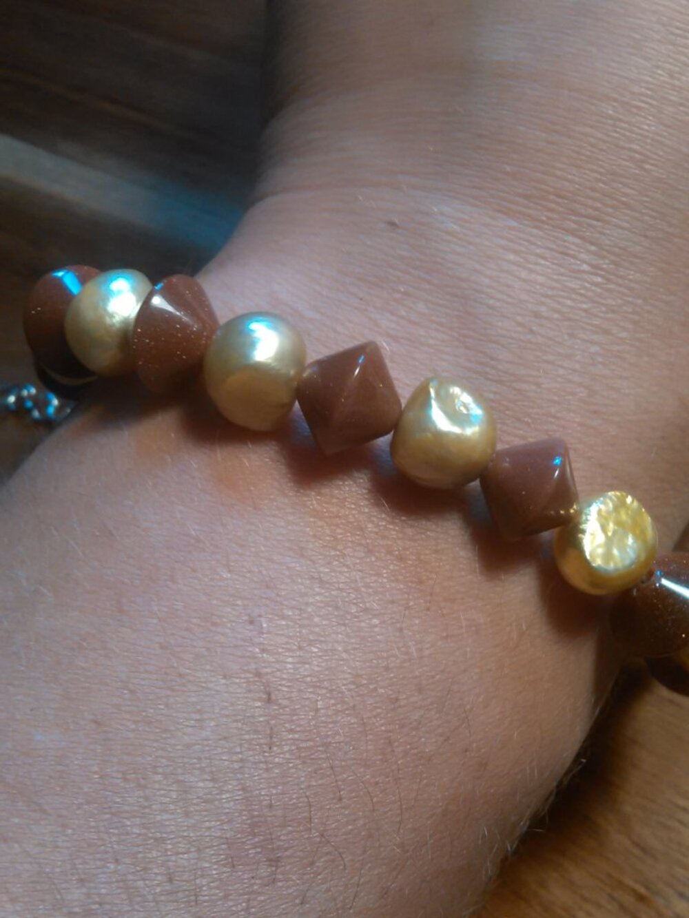 Dyed Yellow Pearl and Gold Sandstone Beaded Stainless Steel Bracelet